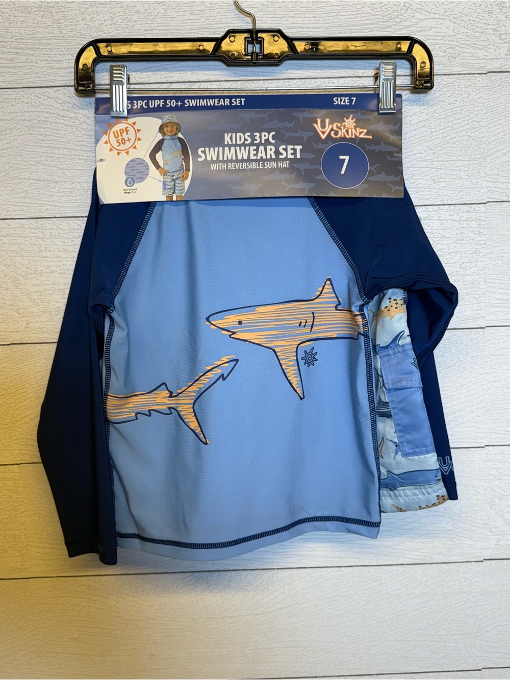 UV Skinz Kids Blue Shark 3-Piece Swim Rashguard Set UPF 50+ boys size 7